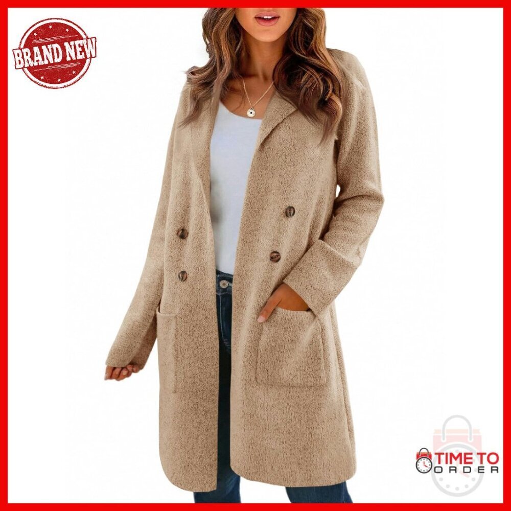 Knee Length Chunky Knit Cardigan Open Front Lapel Coatigan Women's Sweater